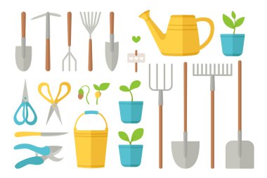 Bahçe aletleri. Tohum ve bitki yetiştirmek için çeşitli tarım araçları. Kürek, tırmık, su kovası, kova, secateurs, lahanalar, saksılar. Düz bir şekilde vektör illüstrasyonu.