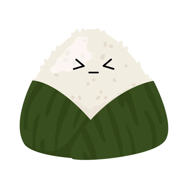 Традиційна японська страва Onigiri. Кумедний незадоволений азійською їжею. Omusubi, Nigirimeshi або рисовий м'яч. Векторна ілюстрація в стилі карикатур. — стоковий вектор