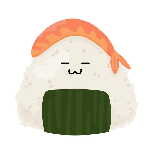 Geleneksel Japon yemeği Onigiri ve karides. Komik mutlu Asyalı yemek karakteri. Omusubi, Nigirmeshi veya pirinç topu. Çizgi film tarzında vektör illüstrasyonu. — Stok Vektör