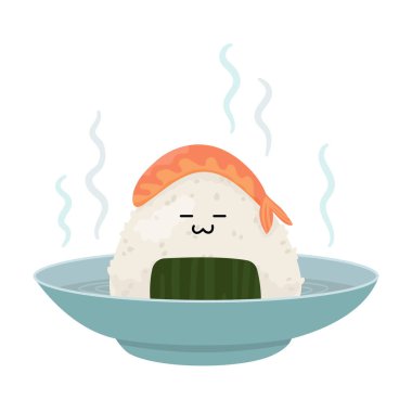 Geleneksel Japon yemeği Onigiri ve karides. Tabaktaki komik mutlu karakter. Omusubi, Nigirmeshi veya pirinç topu. Çizgi film tarzında vektör illüstrasyonu. 