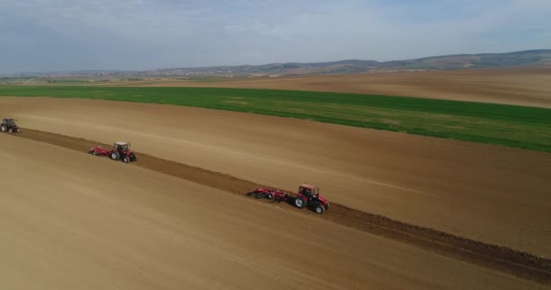 Aerial View Drone Agricultural Field Plough Machinery — Stock Video
