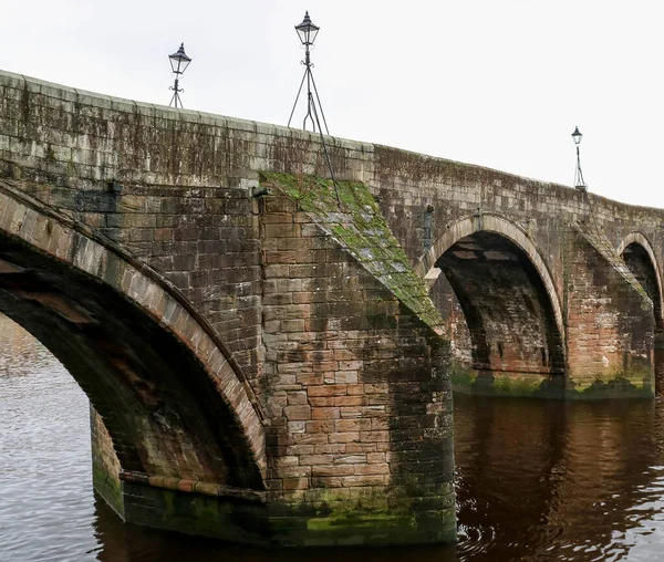 Old Stone River Bridge Arches Winter Morning — Stockfoto