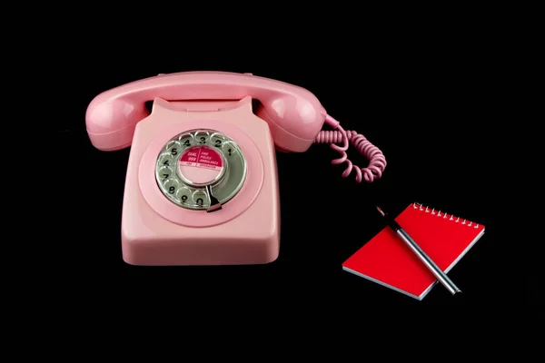 Vintage Pink Telephone Notebook Fountain Pen Black Background — Stock fotografie