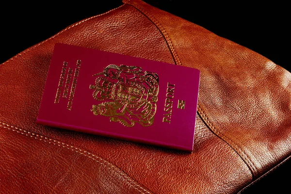 Leather Shoulder Bag Passport Black Background — Stock Photo, Image