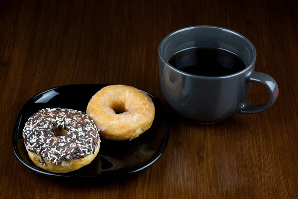 Cup Coffee Donuts Old Polished Wooden Table Surface — Stock Photo, Image