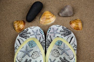 Old flip flop sandals with stones and sea shells lying on a coastal beach