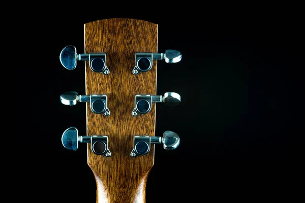 Rear View Acoustic Guitar Peg Head Isolated Black Background — стоковое фото