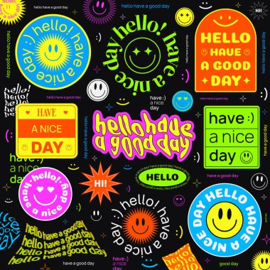 Hello have a good day vector illustration. Set of modern trendy acid stickers. Smile emoji sign. Hipster abstract background clipart