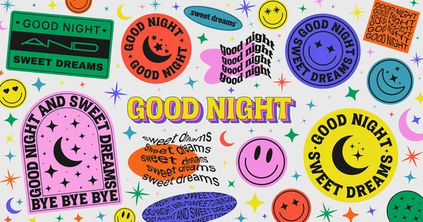 Good Night Sweet Dreams Cool Vector Illustration Trendy Retro Stickers — Stock Vector