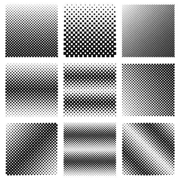 Collection Pixel Halftone Textures Vector Design Set Geometric Squares Backgrounds — Stock Vector
