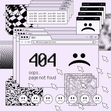Buhar Dalgası Retro Masaüstü Sanatı. 404 Hata Çizimi. 90 'ların Bilgisayar Arayüzü Vektör Tasarımı.
