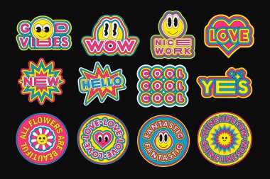 Pop Art Etiketleri Vektör Tasarımı. Havalı Moda Duygusal Gülümseme Parçaları. Şirin Rozetler.