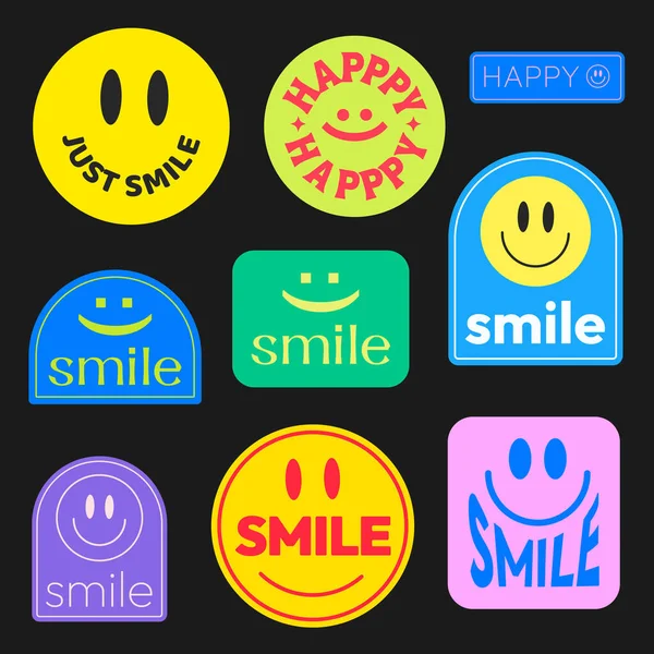 Set Adesivi Badge Patch Smile Design Vettoriale Spille Emoticon Felici — Vettoriale Stock