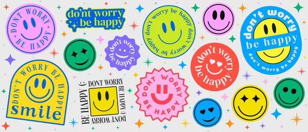 Preocupes Feliz Colección Parches Abstractos Cool Trendy Smile Happy Stickers — Vector de stock