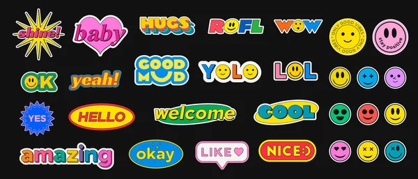 Cool Trendy Adesivos Coleção Conjunto Várias Frases Patches Vector Design —  Vetores de Stock