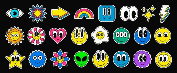 Cool Cartoon Sorriso Emoticon Personagem Adesivos Coleção Conjunto Patches Engraçados — Vetor de Stock