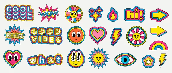 Cool Trendy Retro Adesivos Coleção Conjunto Personagens Engraçados Emoticons Elementos — Vetor de Stock
