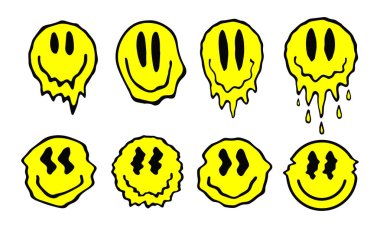 Cool Drippy gülümseme vektörü illüstrasyonu. Asit Yolculuğu Renkli Sanatlar. Moda Rave Grafikleri. 