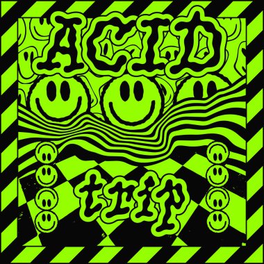 Cool Acid Smile Abstract Illustration. Buhar Dalgası Fütürist Estetik. Moda Rave Psikedelik Grafikleri.