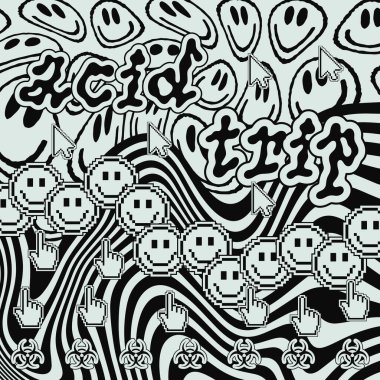 Cool Acid Smile Abstract Illustration. Buhar Dalgası Fütürist Estetik. Moda Rave Psikedelik Grafikleri.