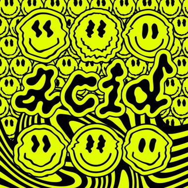Cool Acid Smile Abstract Illustration. Buhar Dalgası Fütürist Estetik. Moda Rave Psikedelik Grafikleri.