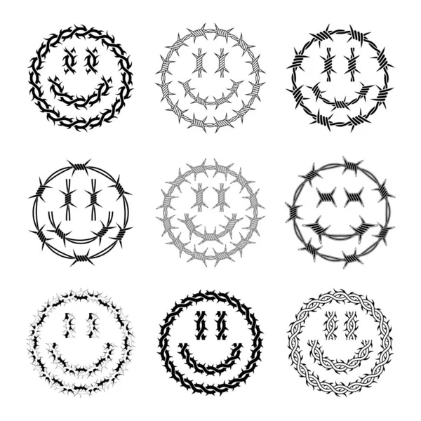 Conjunto Elementos Gráficos Ácidos Sonrisa Cool Adorno Alambre Púas — Vector de stock