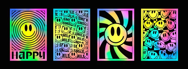 Set Van Trendy Abstracte Zuurstijlposters Cool Smile Psychedelic Placards Regenboog — Stockvector