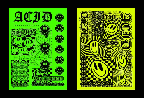 Cool Acid Style Posters Diseño Vectorial Camiseta Moda Smile Monochrome — Vector de stock