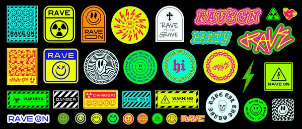 Cool Rave Stickers Vector Set Parches Sonrisa Ácida Moda — Vector de stock