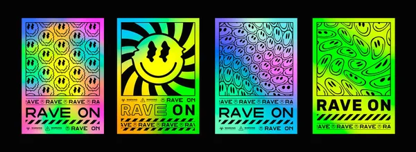 Set Abstract Rave Psychedelic Posters Cool Colorful Rainbow Acid Art Stock Vector