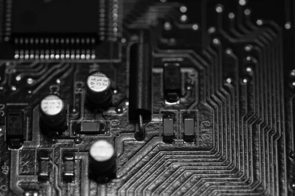 Oktober 2021. Close up of the different circuits on a computer mother board. — Stock Photo, Image