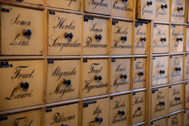 Amsterdam, Hollanda, Nisan 2022. Amsterdam 'da bir eczanede eski çekmeceler. Yüksek kalite fotoğraf