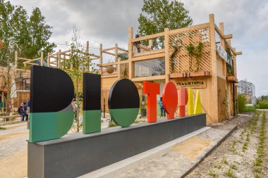 Almere, Hollanda, Mayıs 2022. Biotopya, Floriade Fuarı 2022 'deki Alman pavilyonu. Yüksek kalite fotoğraf