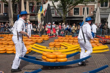 Alkmaar, Hollanda, Mayıs 2022. Peynir taşıyıcıları, renkli hasır şapkalarıyla Alkmaar peynir pazarında. Yüksek kalite fotoğraf