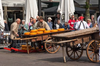 Alkmaar, Hollanda, Mayıs 2022. Peynir taşıyıcıları, renkli hasır şapkalarıyla Alkmaar peynir pazarında. Yüksek kalite fotoğraf