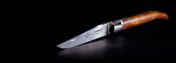 Amsterdam Netherlands June 2022 Close Laguiole Folding Knife Black Background — Stock Photo, Image