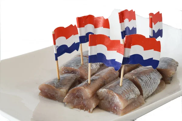 Ден Хельдер Нідерланди Червень 2022 Свіже Оселедець Цибулею Голландськими Прапорами — стокове фото