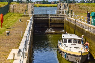 Westerland, Netherlands. August 2022. Opened sluice gates and draining water. High quality photo