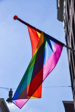 Amsterdam, Netherlands. August 2022. One of the many gay flags waving in Amsterdam. High quality photo