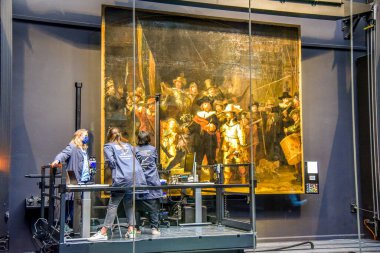 Amsterdam, Netherlands. September 2020. The restoration of the Nightwatch, a famous painting of Rembrandt van Rijn. High quality photo