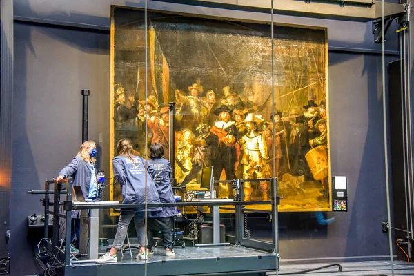 Amsterdam Netherlands September 2020 Restoration Nightwatch Famous Painting Rembrandt Van — Stock Photo, Image