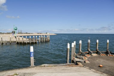 Texel, the Netherlands. August 2022. The harbor head of the port of Oudeschild on the island of Texel. High quality photo