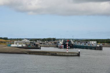 Texel, the Netherlands. August 2022. The ferry port of Texel, as seen from the ferry. High quality photo