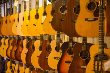 Amsterdam, Netherlands. August 2022. Displayed guitars in a music store. High quality photo