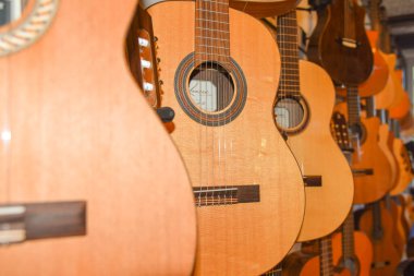 Amsterdam, Netherlands. August 2022. Displayed guitars in a music store. High quality photo