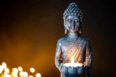 Hollanda 'da. Ekim 2022. Buda heykeli sakin bir duruş içinde. Shakyamuni Buddha üç dünya dininden biri olan ruhani bir öğretmendir. Yüksek kalite fotoğraf