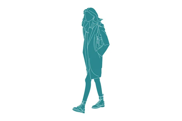 时尚女性在人行道上漫不经心地走着 有轮廓的平面风格 — 图库矢量图片