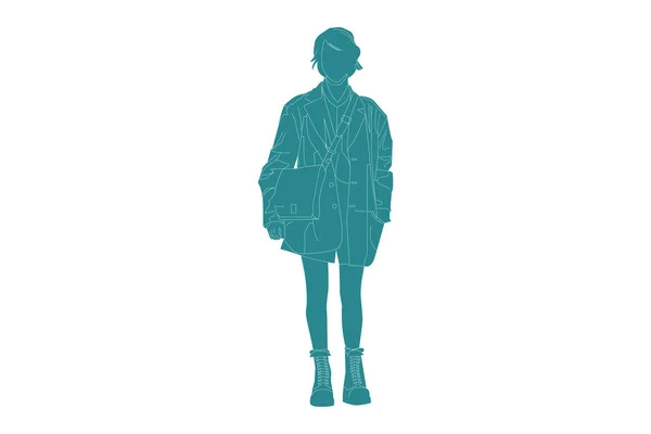 Illustration Vectorielle Femmes Dans Rue Style Plat Avec Contour — Image vectorielle