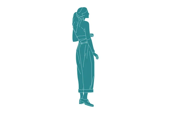 妇女在街头的形象 带有轮廓的平面风格 — 图库矢量图片