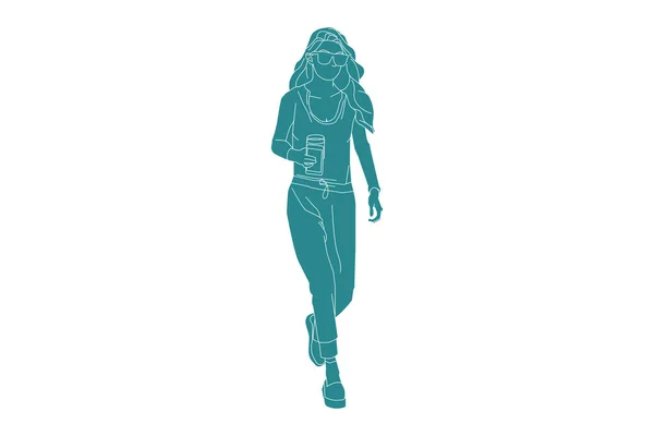 Vektorová Ilustrace Ležérní Ženy Kráčející Horkou Kávou Plochý Styl Obrysem — Stockový vektor